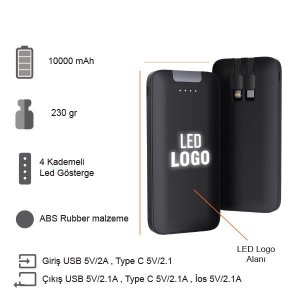 10000 mAh Işıklı Kendinden Kablolu Powerbank K1...